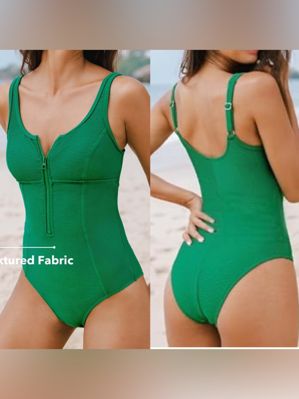 Cupshe Green Ribbed One Piece Swimsuit Size‎ L NWT Zip Front - Picture 4 of 17